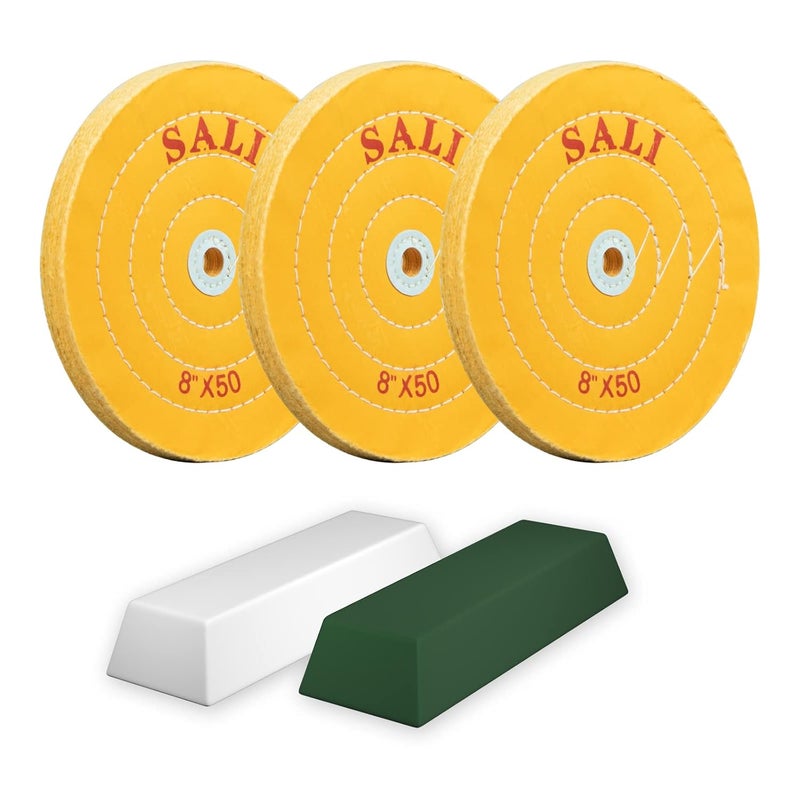 SALI 3 Pack Polishing Wheel for Bench Grinder Buffing Wheel 8 inch Yellow Cotton (50 Ply) for Buffer Polisher Coarse Polish Pad 5/8'' Arbor Hole with Polishing Compound Kit - Image 1